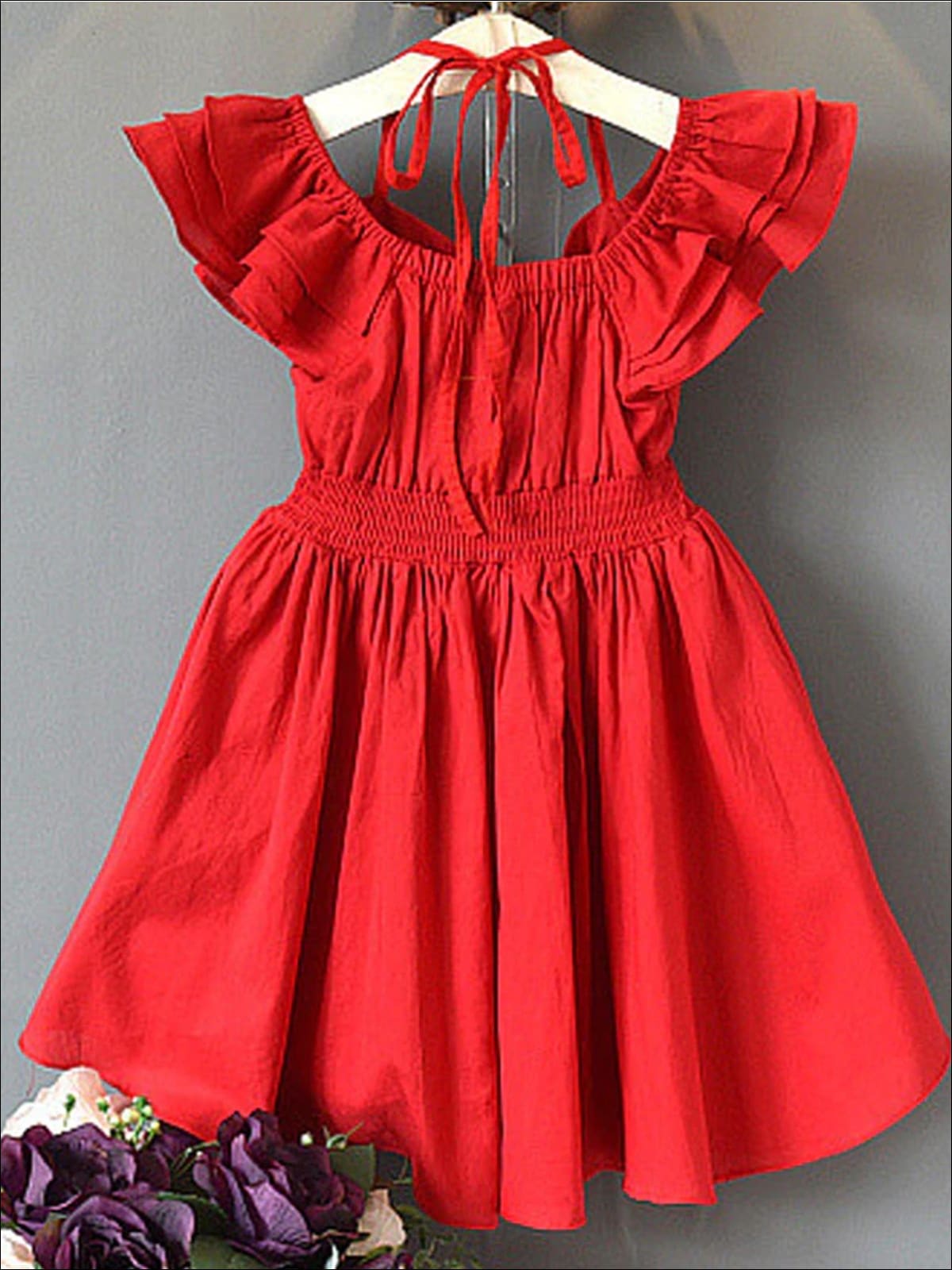 Girls Red Tiered Ruffle Off The Shoulder Tie Up A-Line Dress - Girls Spring Casual Dress