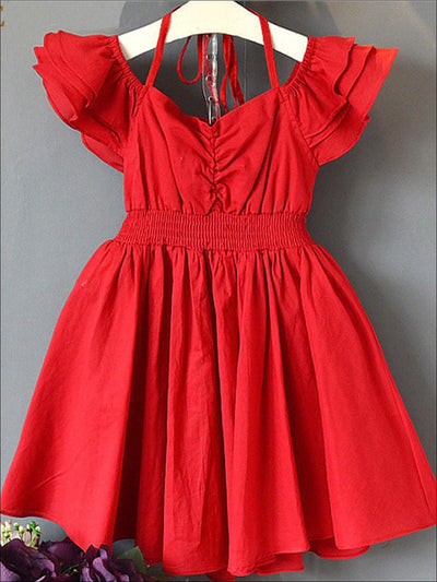 Girls Red Tiered Ruffle Off The Shoulder Tie Up A-Line Dress - Red / 3T - Girls Spring Casual Dress