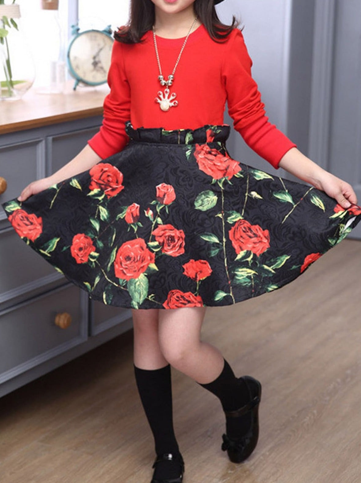Girls Chic Red Top & High Waisted Rose Skirt Set - Mia Belle Girls