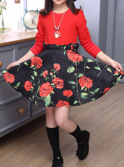 Girls Chic Red Top & High Waisted Rose Skirt Set - Mia Belle Girls