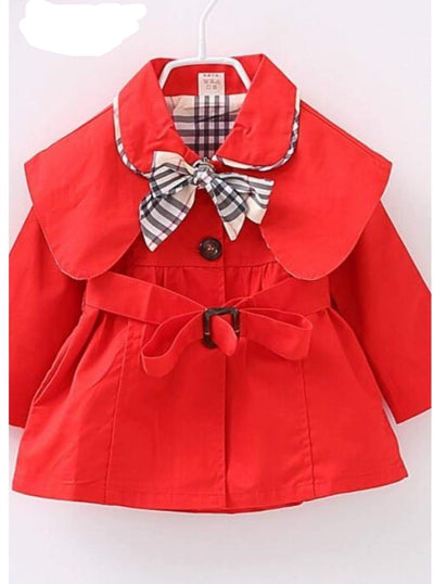 Girls Red Trench Coat with Plaid Bow - Red / 2T - Girls Jacket