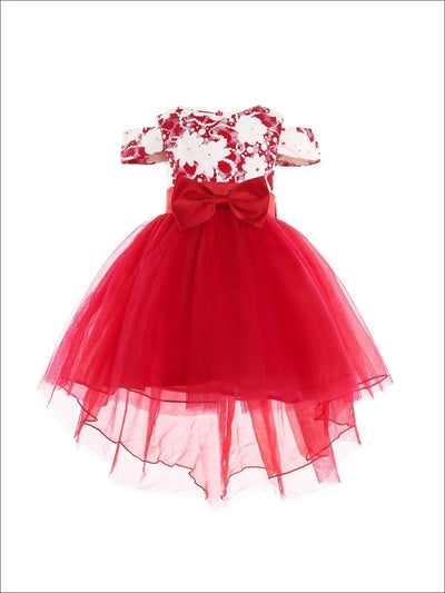 Girls Red & White Floral Cold Shoulder Hi-Lo Bow Tie Holiday Tutu Dress - Girls Fall Dressy Dress