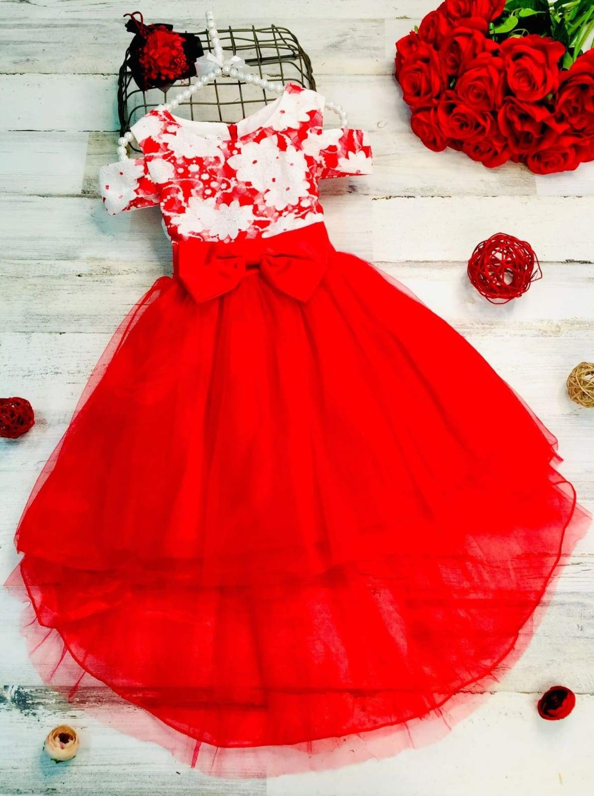 Girls Red & White Floral Cold Shoulder Hi-Lo Bow Tie Holiday Tutu Dress - Girls Fall Dressy Dress