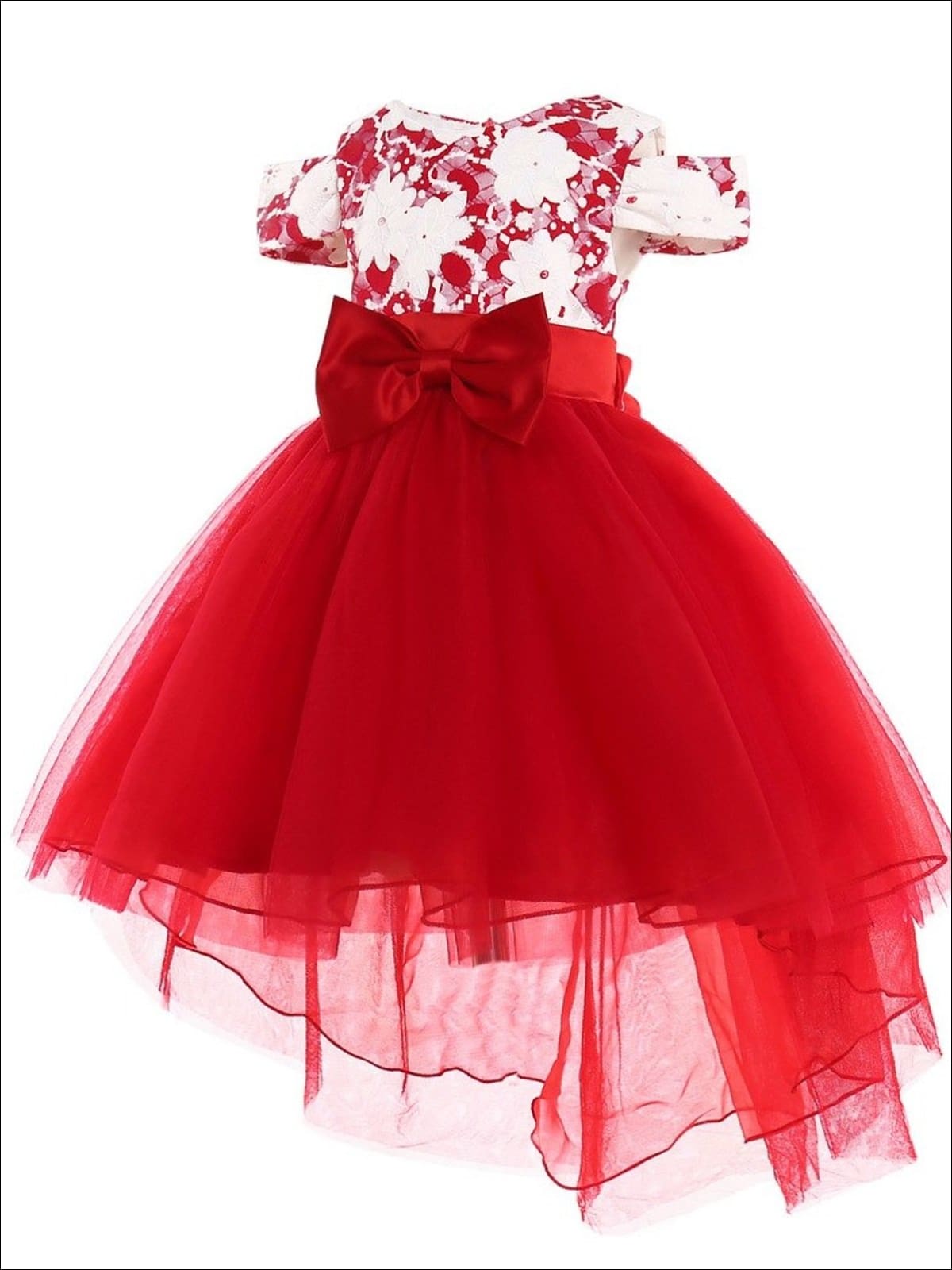 Girls Red & White Floral Cold Shoulder Hi-Lo Bow Tie Holiday Tutu Dress - Red / 2T - Girls Fall Dressy Dress