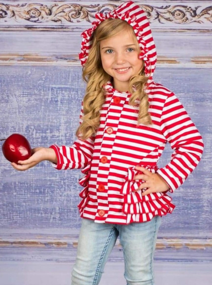 Cozy Winter Sweaters | Girls Red & White Stripe Ruffle Hoodie Cardigan