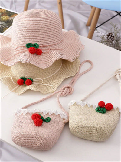 Girls Retro Straw Hat and Matching Mini Purse With Cherries - Girls Hats