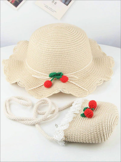 Girls Retro Straw Hat and Matching Mini Purse With Cherries - Beige / One Size - Girls Hats