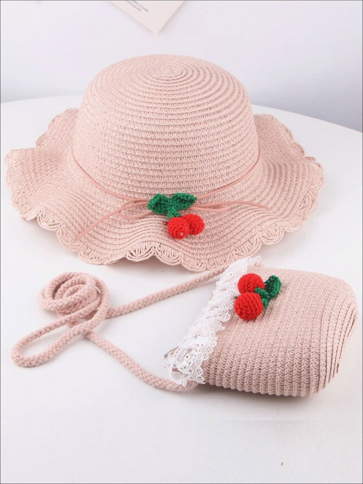Girls Retro Straw Hat and Matching Mini Purse With Cherries - Pink / One Size - Girls Hats