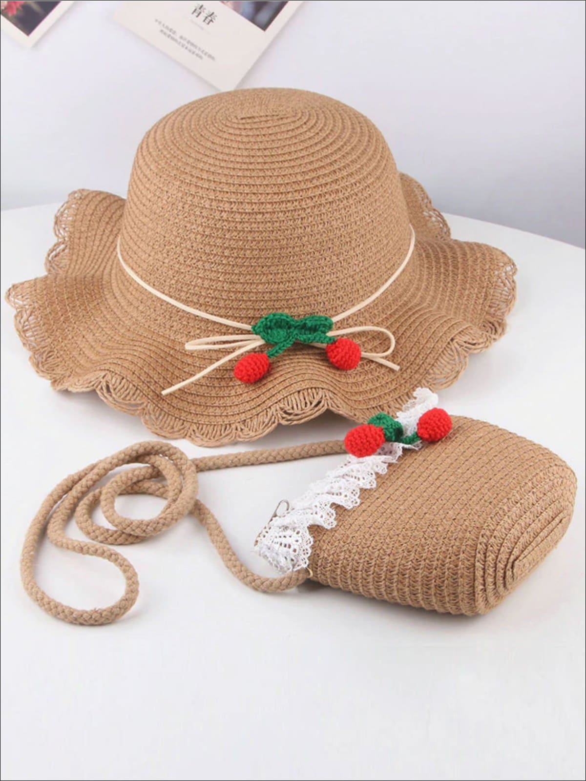 Girls Retro Straw Hat and Matching Mini Purse With Cherries - Tan / One Size - Girls Hats