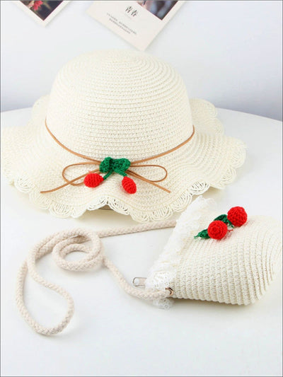 Girls Retro Straw Hat and Matching Mini Purse With Cherries - White / One Size - Girls Hats