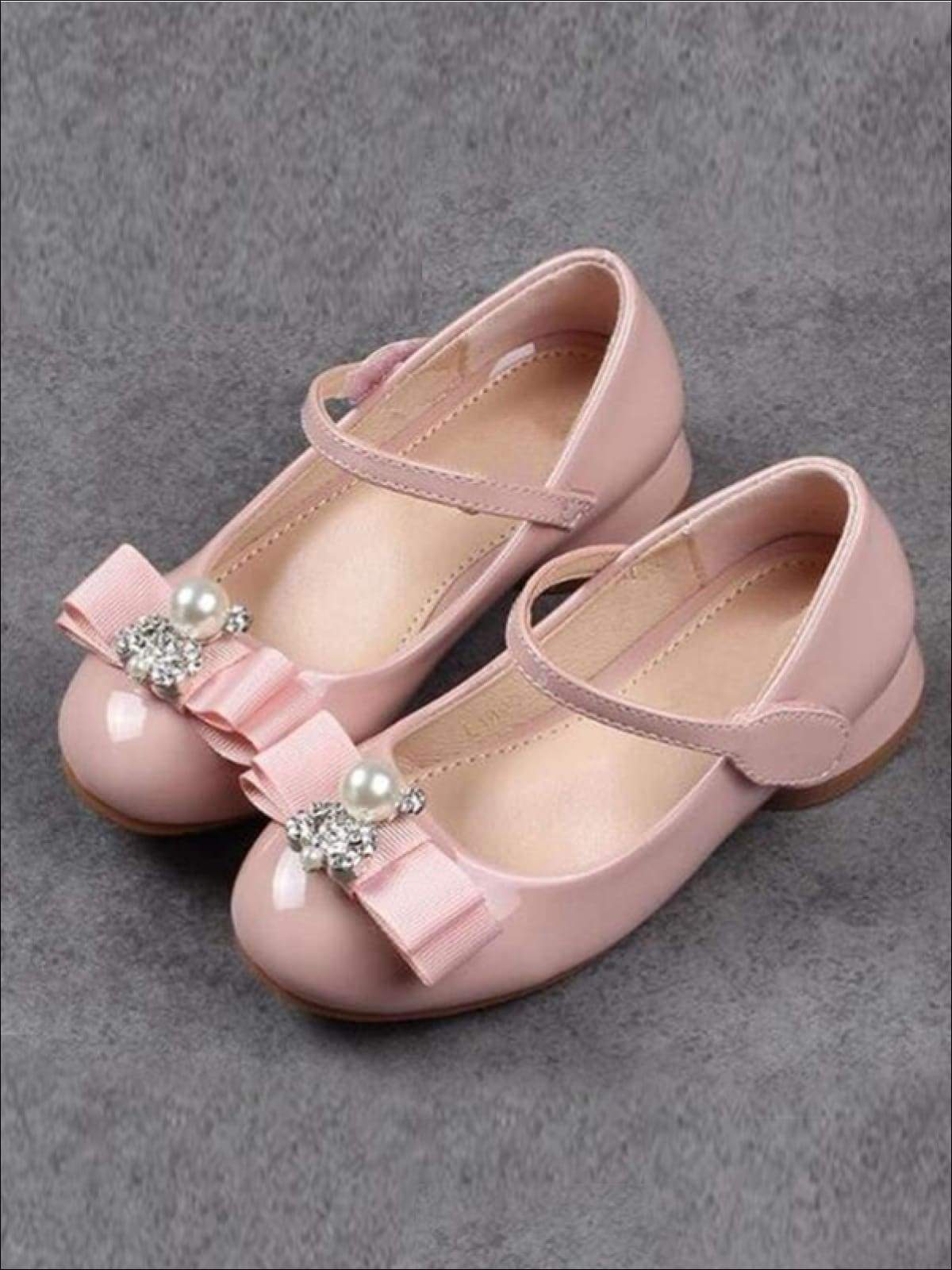 Girls Rhinestone Embellished Bow Tie Princess Shoes with Ankle Strap (Pink & Black) - Pink / 1 - Girls Flats