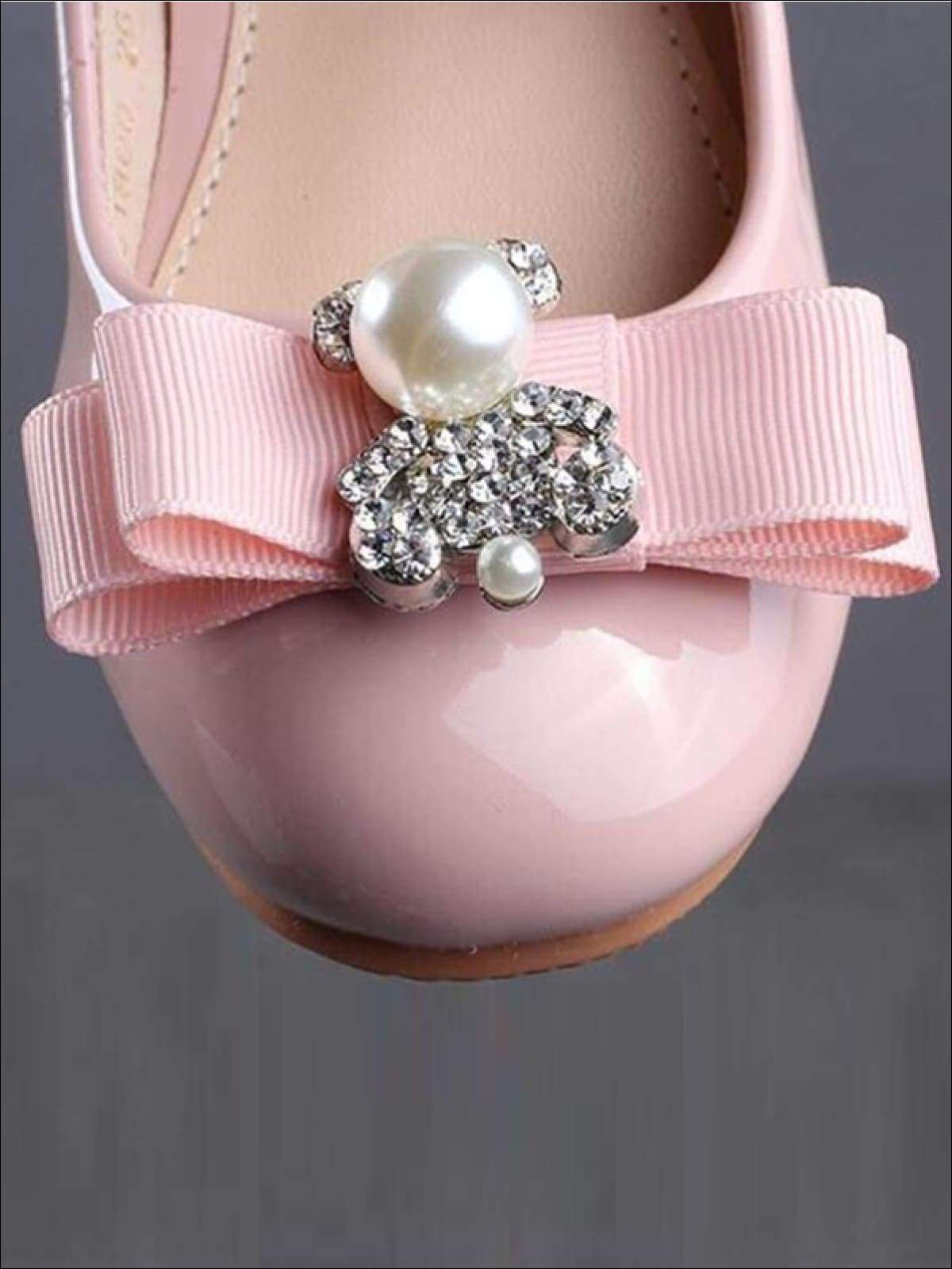 Girls Rhinestone Embellished Bow Tie Princess Shoes with Ankle Strap (Pink & Black) - Girls Flats