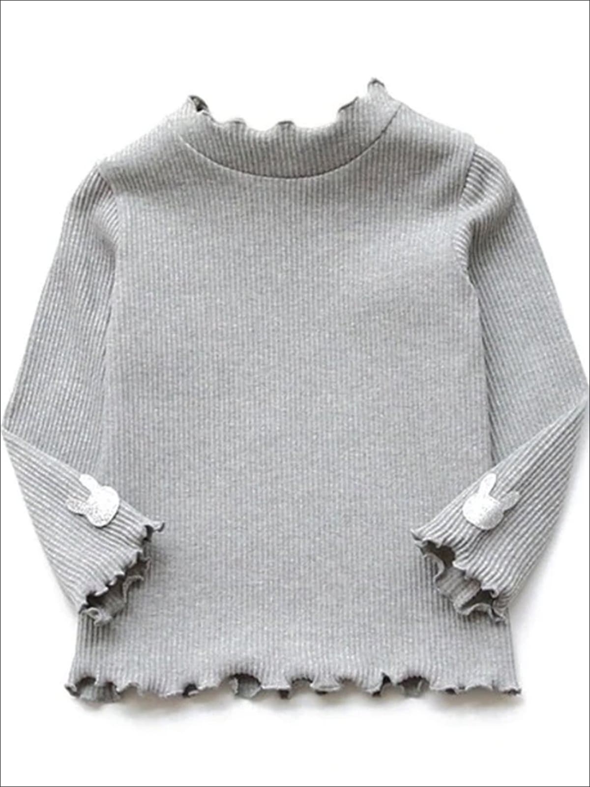 Girls Ribbed Knit Sweater With Glitter Bunny Applique - Gray / 5Y - Girls Sweater