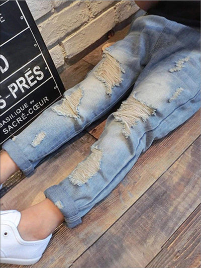 Kids Denim Clothes | Distressed Frayed Denim Jeans | Mia Belle Girls