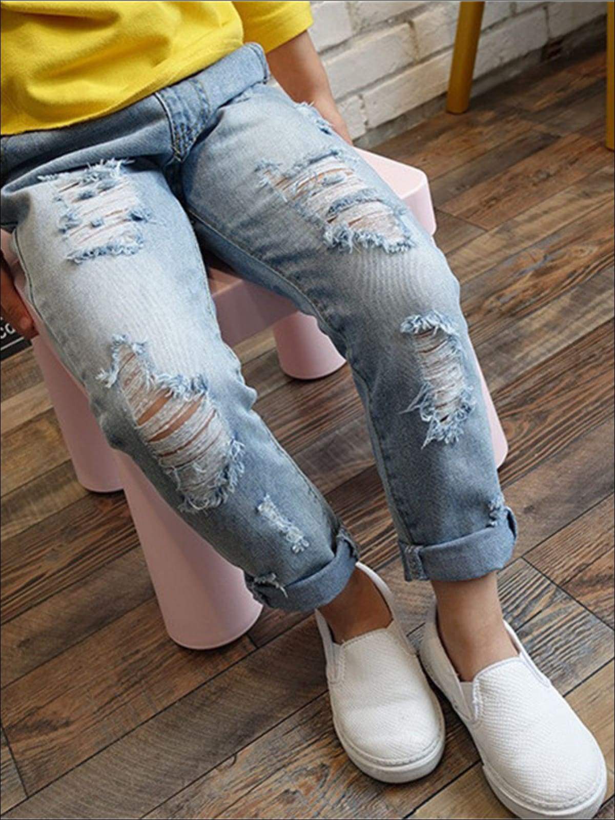 Kids Denim Clothes | Distressed Frayed Denim Jeans | Mia Belle Girls