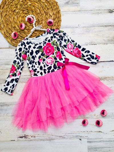 Girls Rose Animal Print Long Sleeve Tutu Skirt Dress with Bow - Pink / 2T - Girls Fall Casual Dress