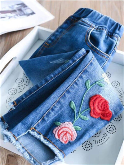 Girls Fall Clothes | Rose Embroidered Raw Hem Jeans | Girls Boutique