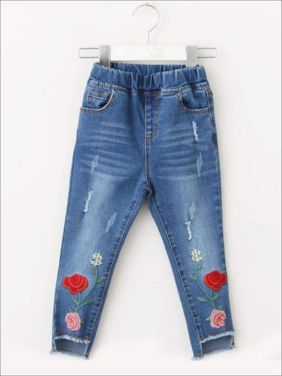 Girls Fall Clothes | Rose Embroidered Raw Hem Jeans | Girls Boutique