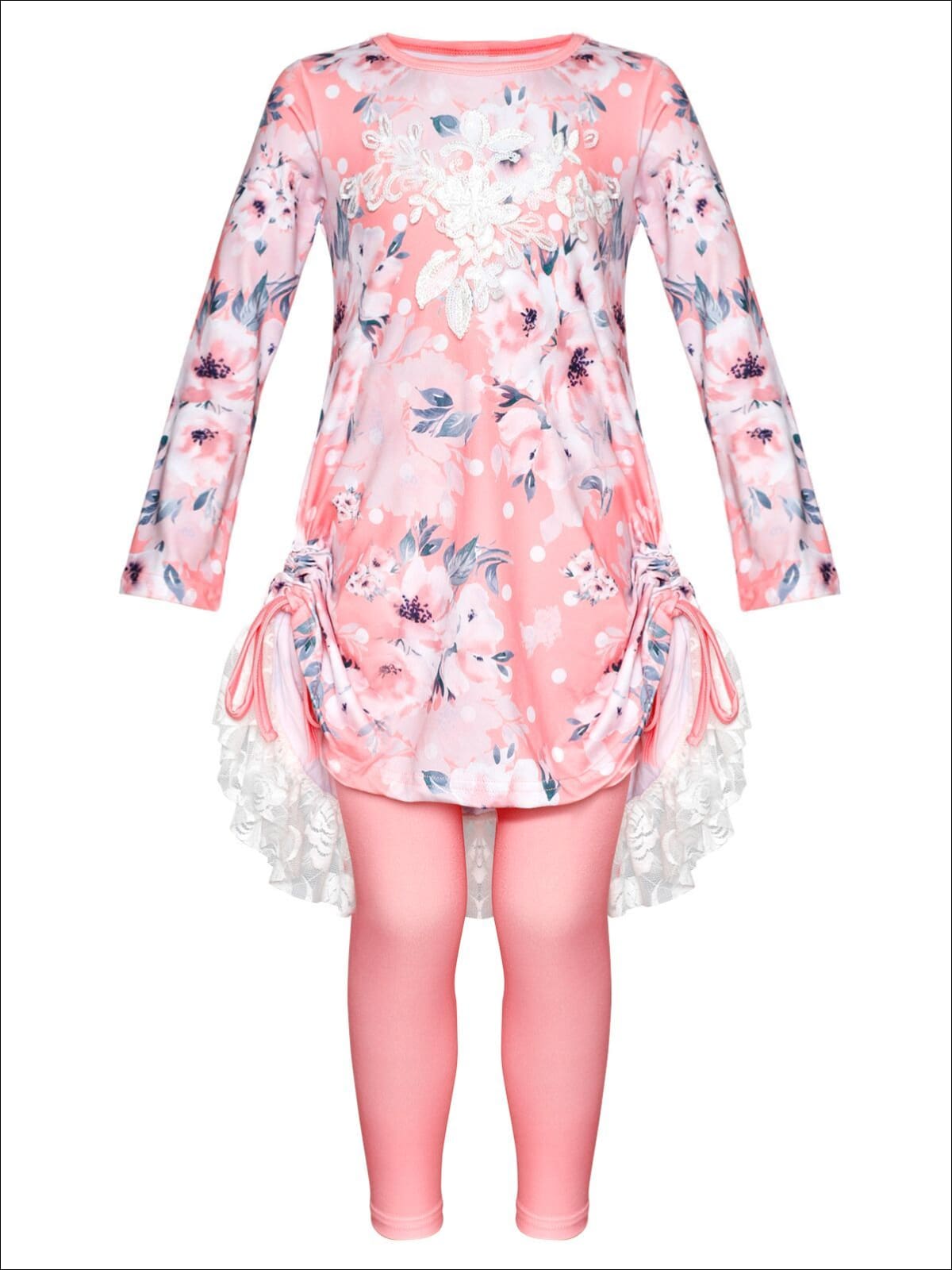 Girls Rose Print Long Sleeve Hi-Lo Drawstring Lace Tunic & Matching Leggings Set - Girls Fall Casual Set