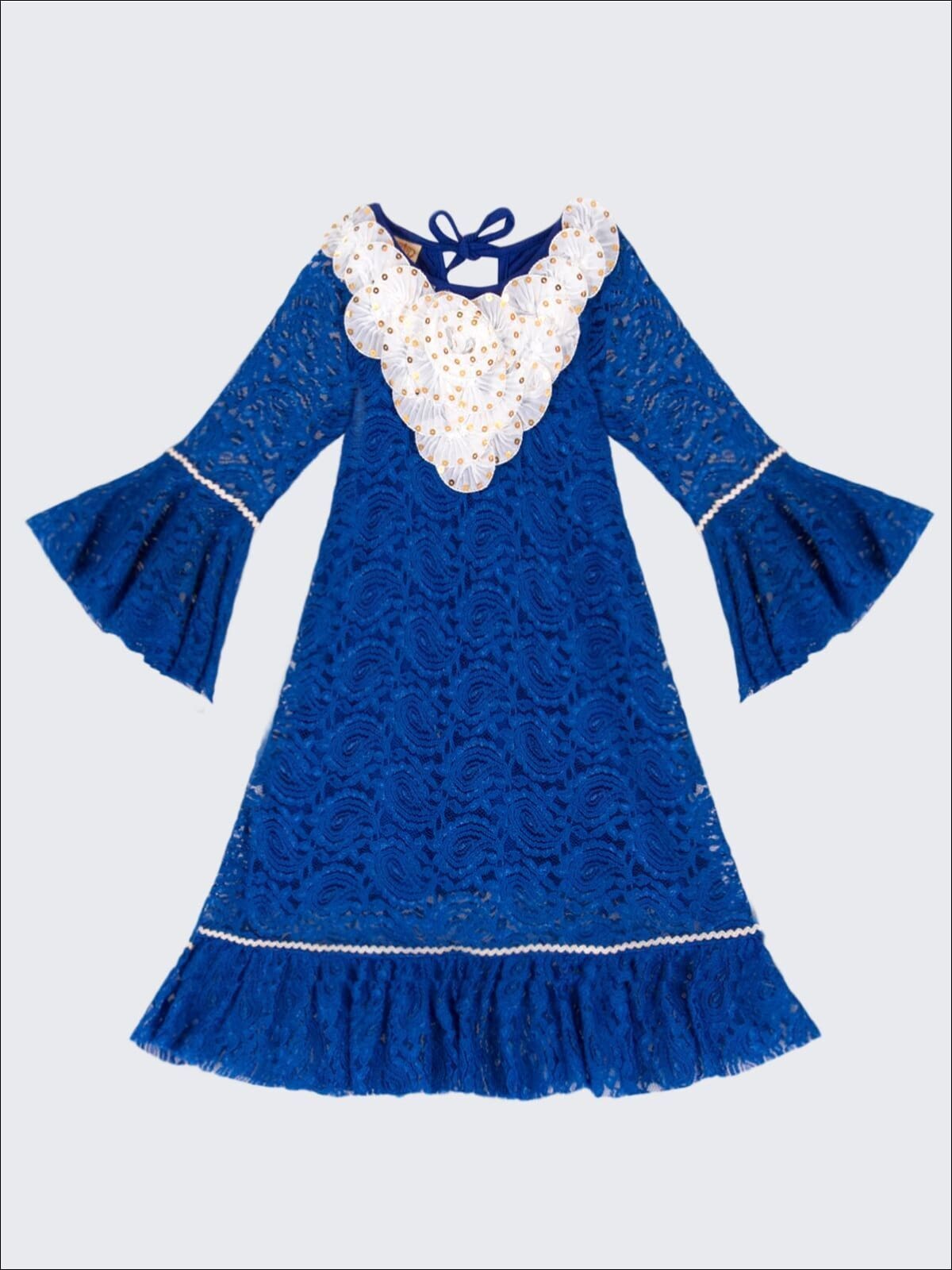 Girls Royal Blue Lace Bell Sleeve Dress w/Fancy Collar - Girls Fall Dress