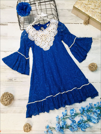Girls Royal Blue Lace Bell Sleeve Dress w/Fancy Collar - Royal / 3T - Girls Fall Dress