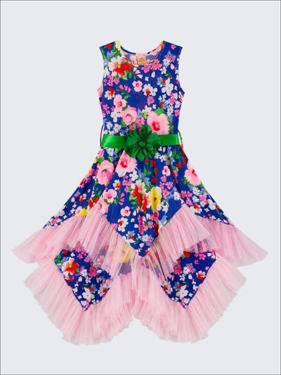 Girls Royal Blue & Pink Floral Ruffled Handkerchief Dress - Girls Spring Dressy Dress