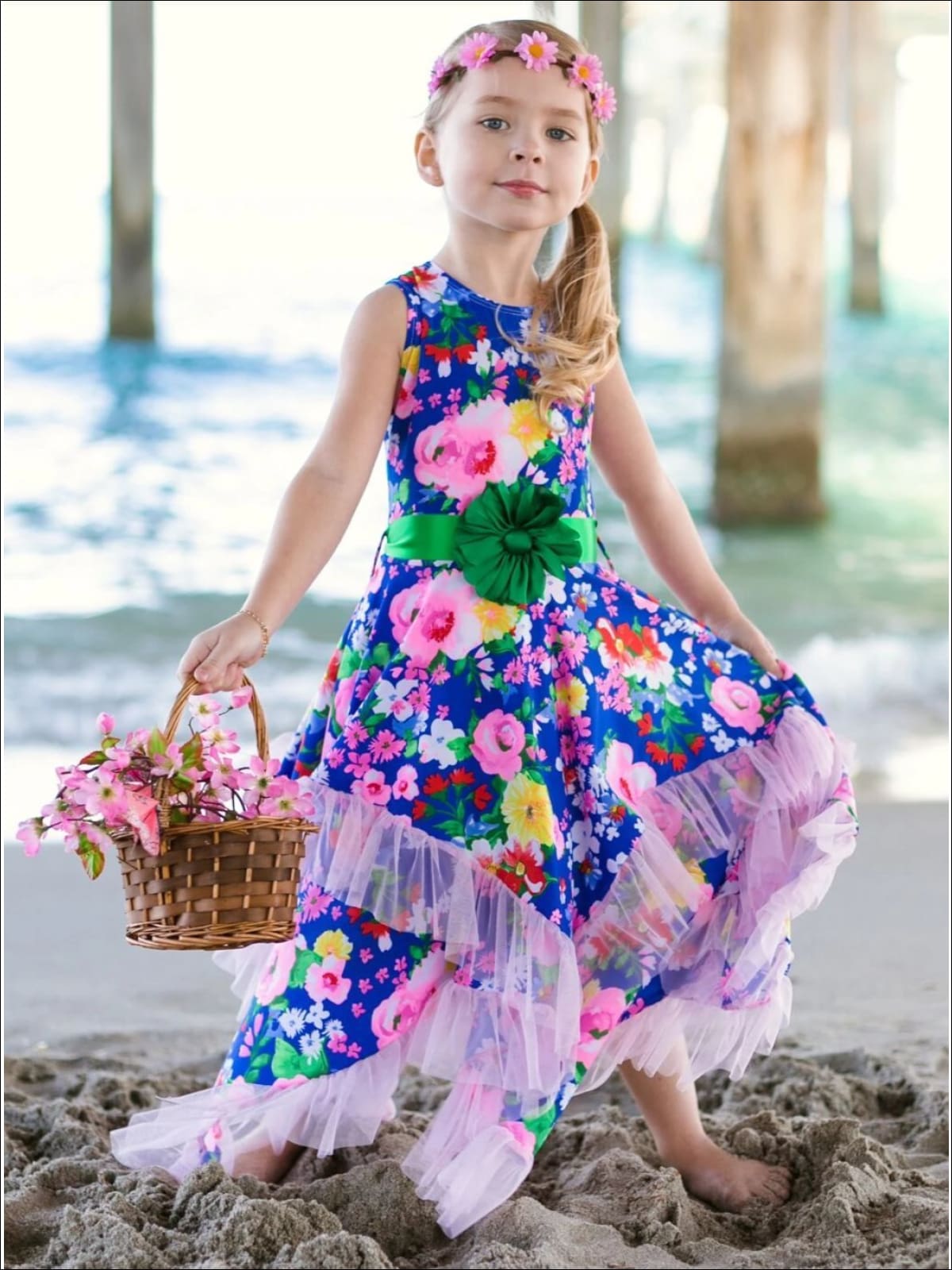 Girls Royal Blue & Pink Floral Ruffled Handkerchief Dress - Girls Spring Dressy Dress