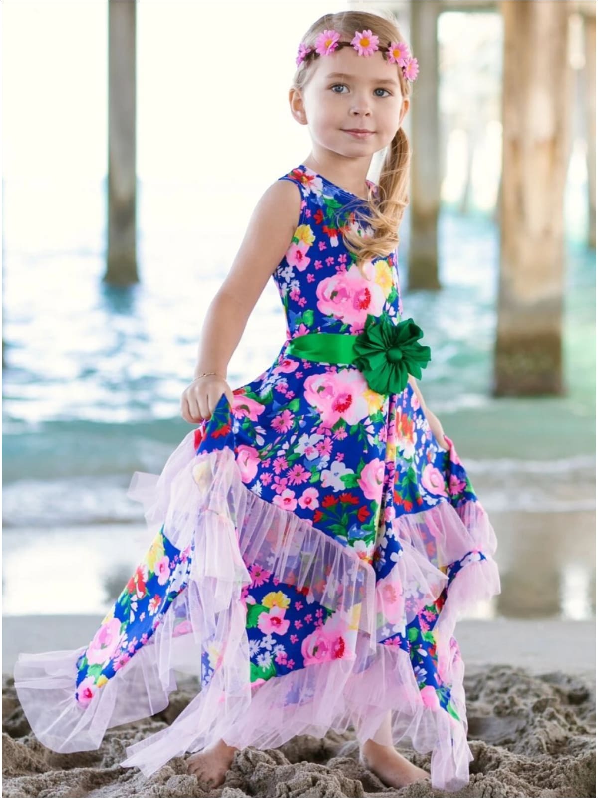 Girls Royal Blue & Pink Floral Ruffled Handkerchief Dress - Royal Blue/Pink / 2T/3T - Girls Spring Dressy Dress