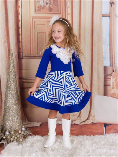 Girls Royal & Creme Circle Skirt Fancy Collar Printed Dress - Girls Fall Dress