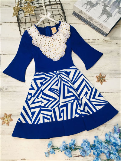 Girls Royal & Creme Circle Skirt Fancy Collar Printed Dress - Blue/white / 3T - Girls Fall Dress