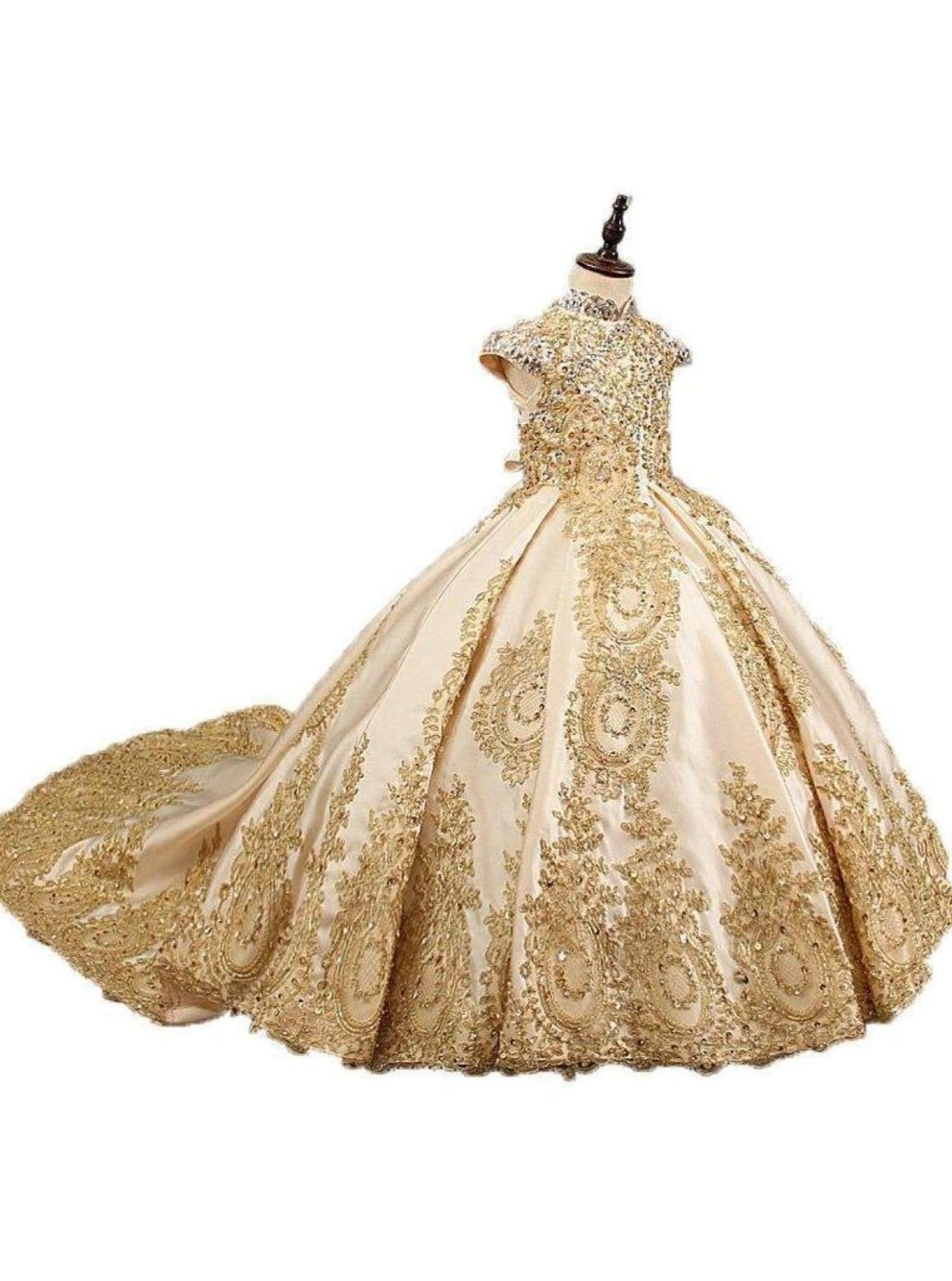 Little Girls Formal Gowns | Gold Sequin Satin Lace Beaded Ball Gown