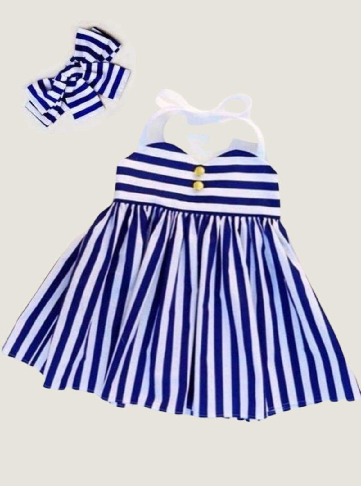 Girls Royal Striped Halter Dress with Bow - Girls Spring Casual Dress
