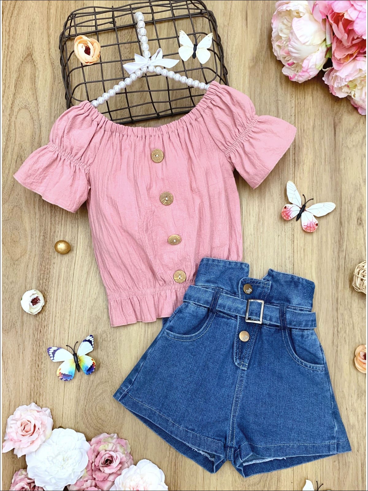 Girls Ruched Button Top and Belted High Waist Denim Shorts Set - Pink / 3T - Girls Spring Casual Set
