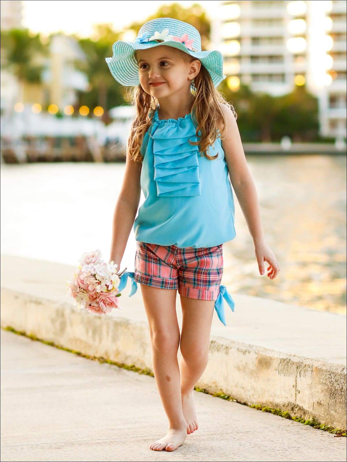 Girls Ruched Halter Neck Cascade Front Top & Cuffed Bow Shorts Set - Girls Spring Casual Set