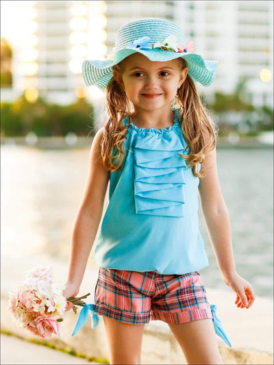 Girls Ruched Halter Neck Cascade Front Top & Cuffed Bow Shorts Set - Girls Spring Casual Set