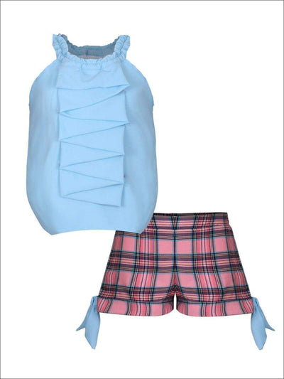 Girls Ruched Halter Neck Cascade Front Top & Cuffed Bow Shorts Set - Blue / 2T/3T - Girls Spring Casual Set