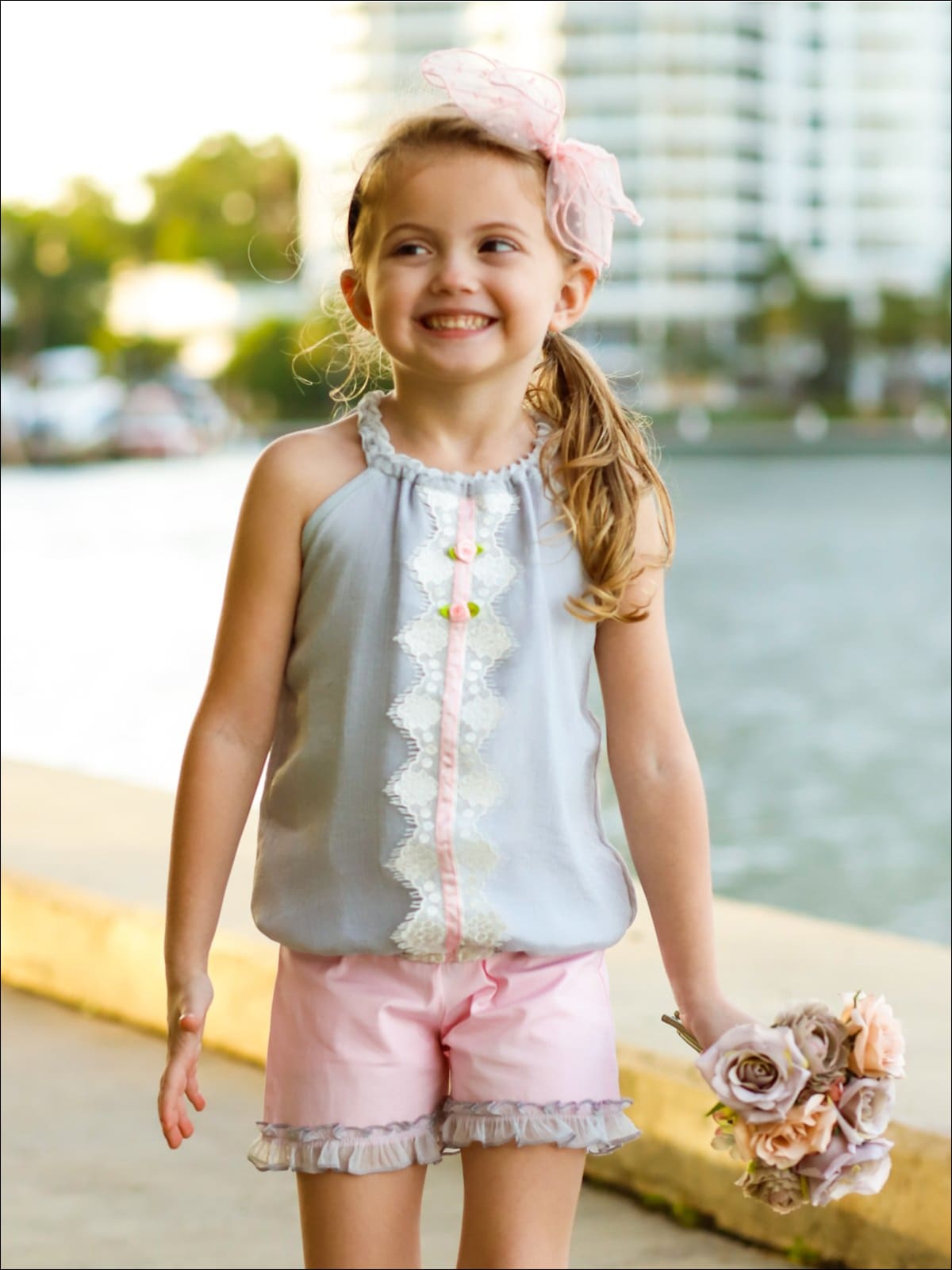 Girls Ruched Halter Neck Trimmed Tuxedo Top & Ruffled Shorts Set - Girls Spring Casual Set