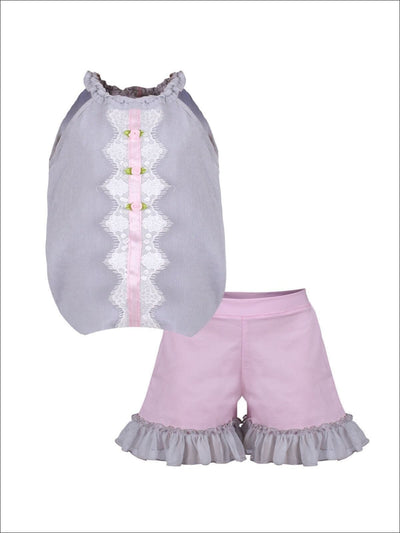 Girls Ruched Halter Neck Trimmed Tuxedo Top & Ruffled Shorts Set - Grey / 2T/3T - Girls Spring Casual Set