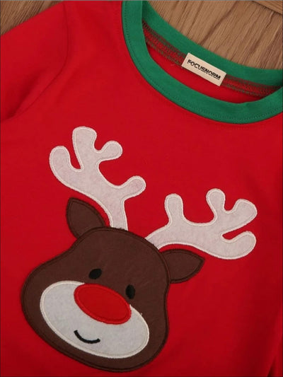 Girls Cute Winter Pajamas | Rudolf Reindeer Striped Holiday Pajama Set