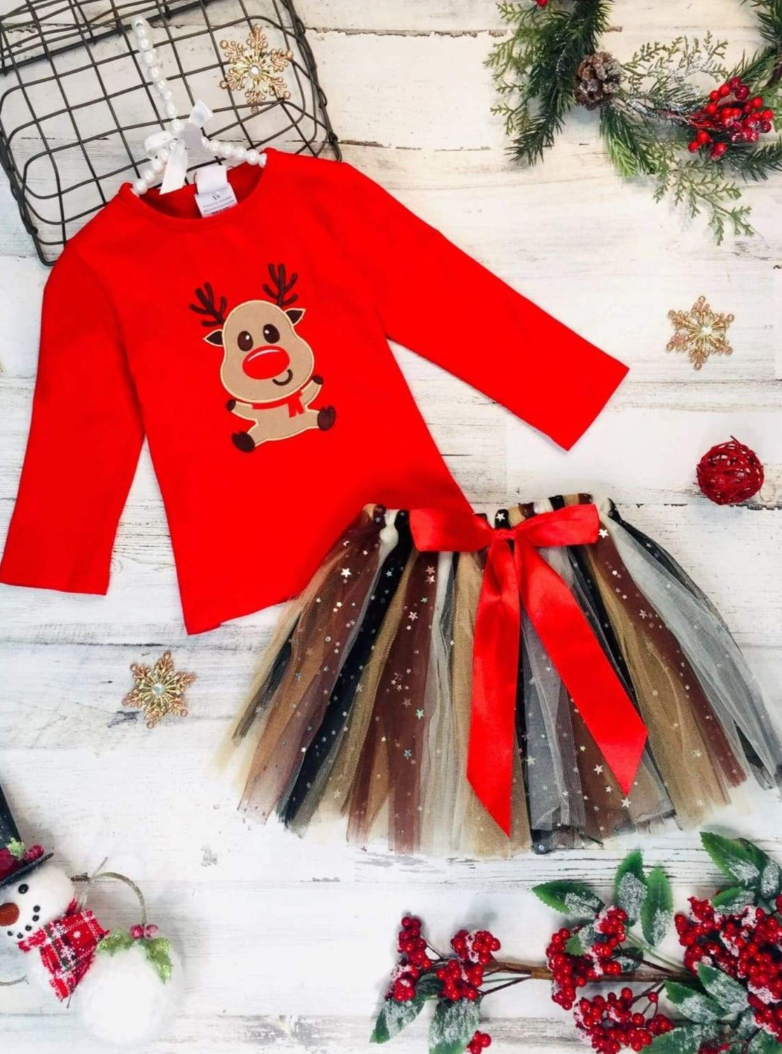 Girls Rudolph Top & Tutu Star Bow Skirt Set - Red / 2T - Girls Christmas Set