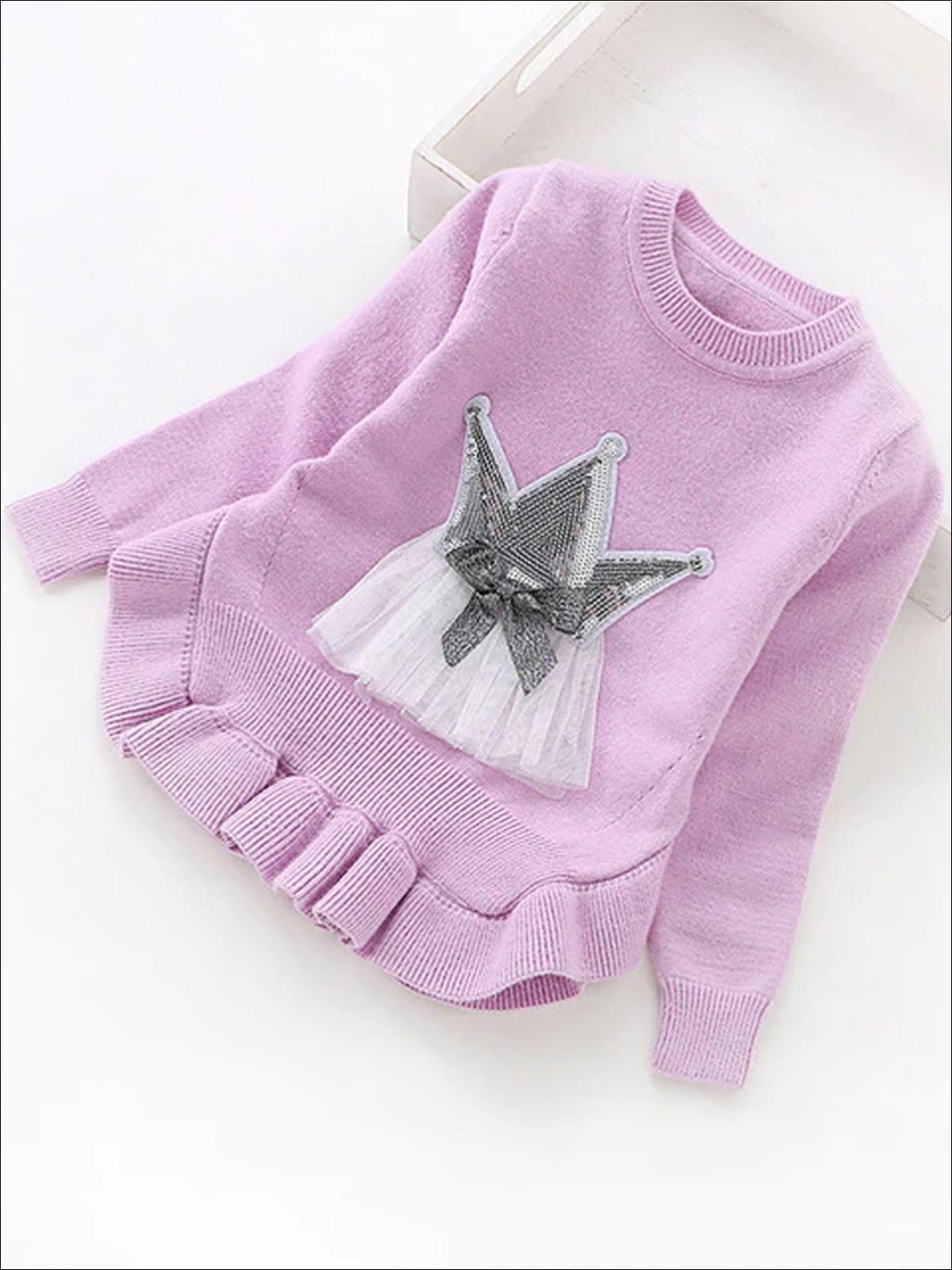Girls Ruffle Hem Sequin Princess Sweater - Lavender / 2T - Girls Sweater