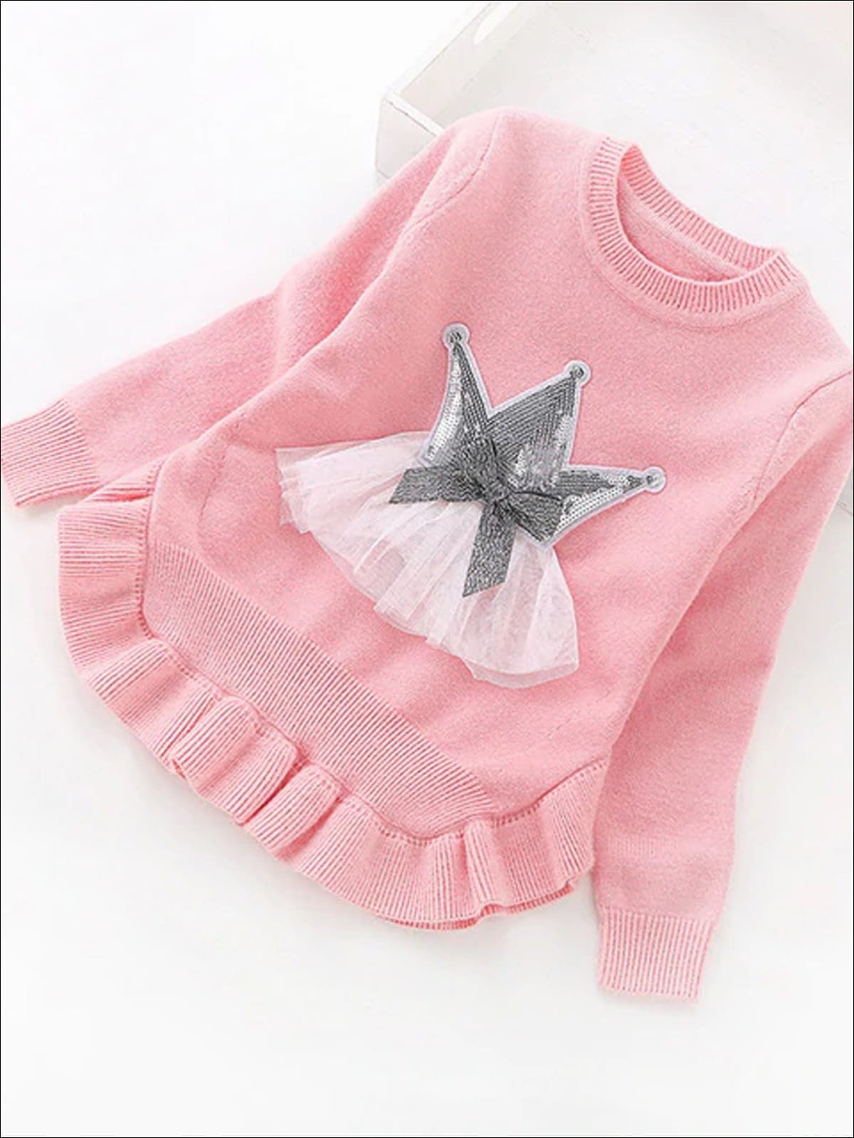 Girls Ruffle Hem Sequin Princess Sweater - Pink / 2T - Girls Sweater