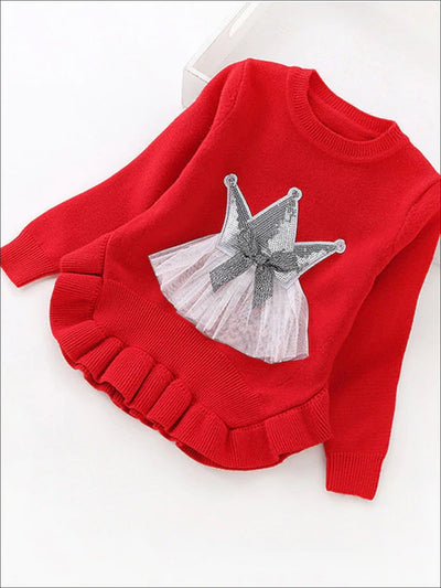 Girls Ruffle Hem Sequin Princess Sweater - Red / 2T - Girls Sweater