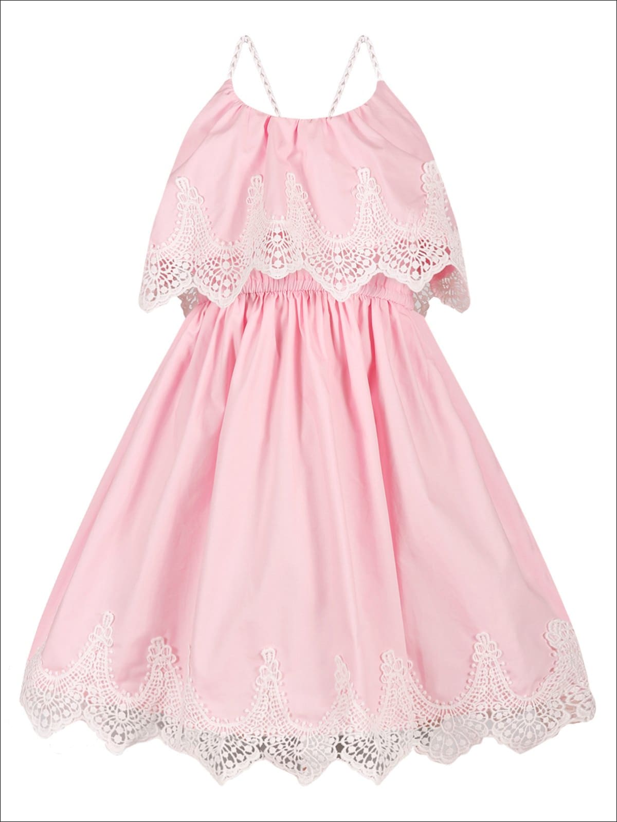 Girls Ruffle Layer Lace Racer Back Dress - Pink / 2T/3T - Girls Spring Casual Dress