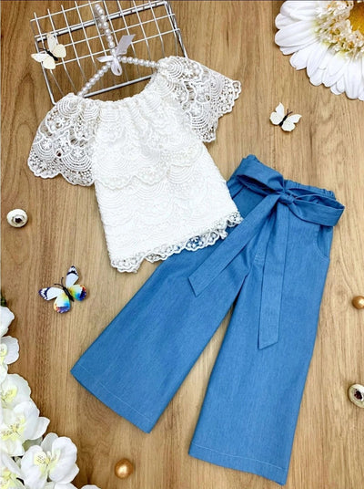 Girls Spring Outfits | Lace Shoulder Top & Chambray Palazzo Pants Set