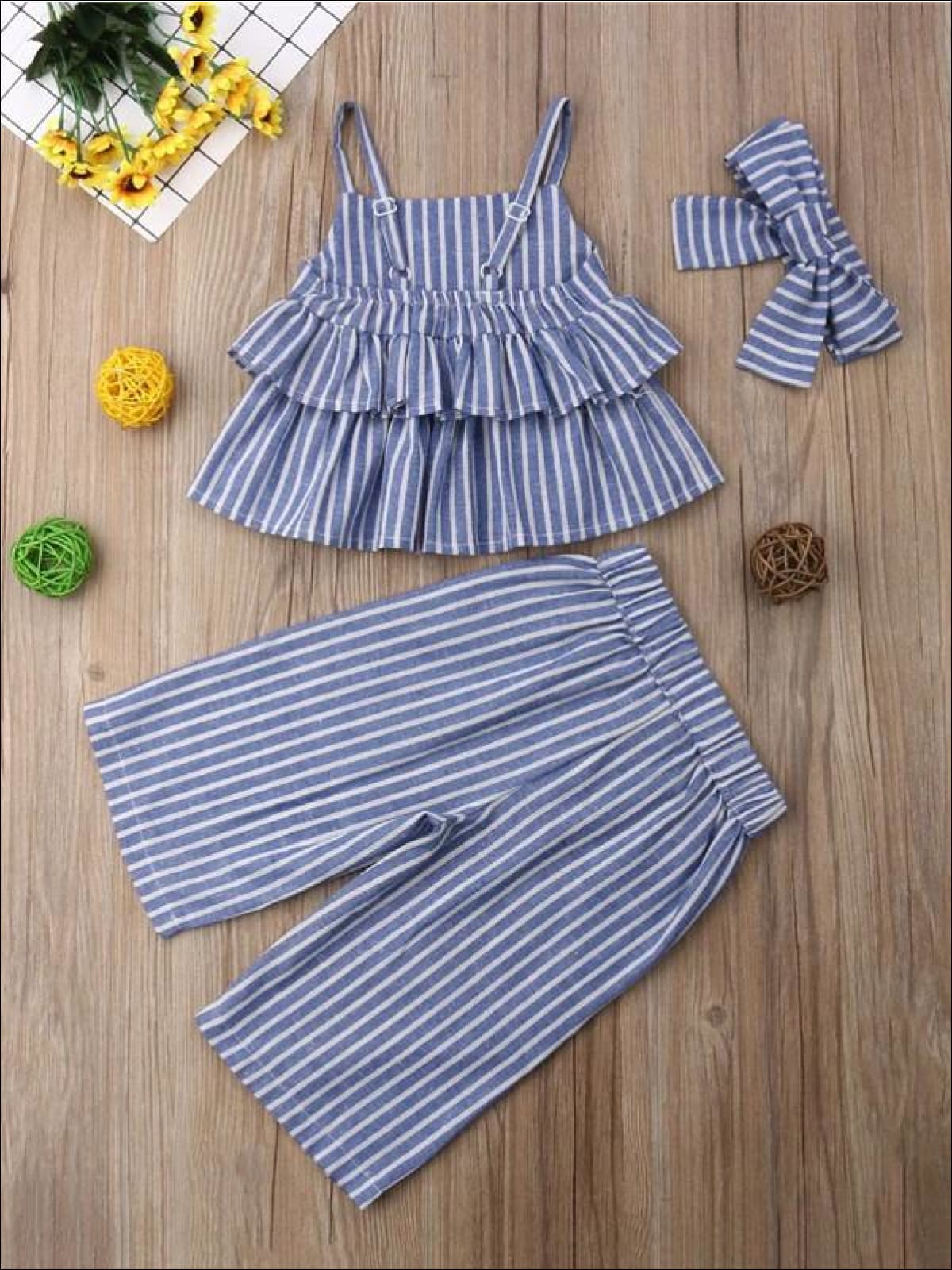 Girls Ruffle Tiered Top With Button Down Palazzo Pants & Matching Headband Set - Girls Spring Casual Set