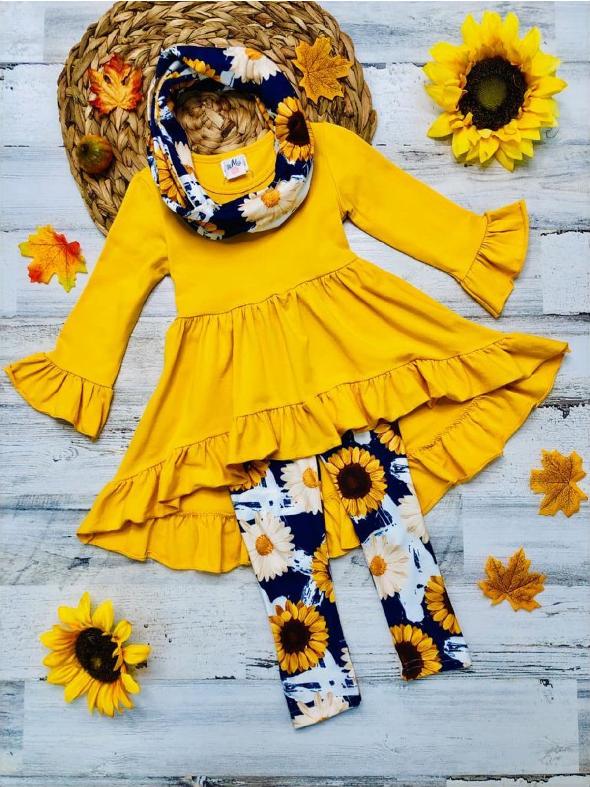 Little girls Fall long-sleeve hi-lo tunic with ruffle cuffs, ruffle hem, sunflower print leggings, and matching infinity wrap skirt - Mia Belle Girls