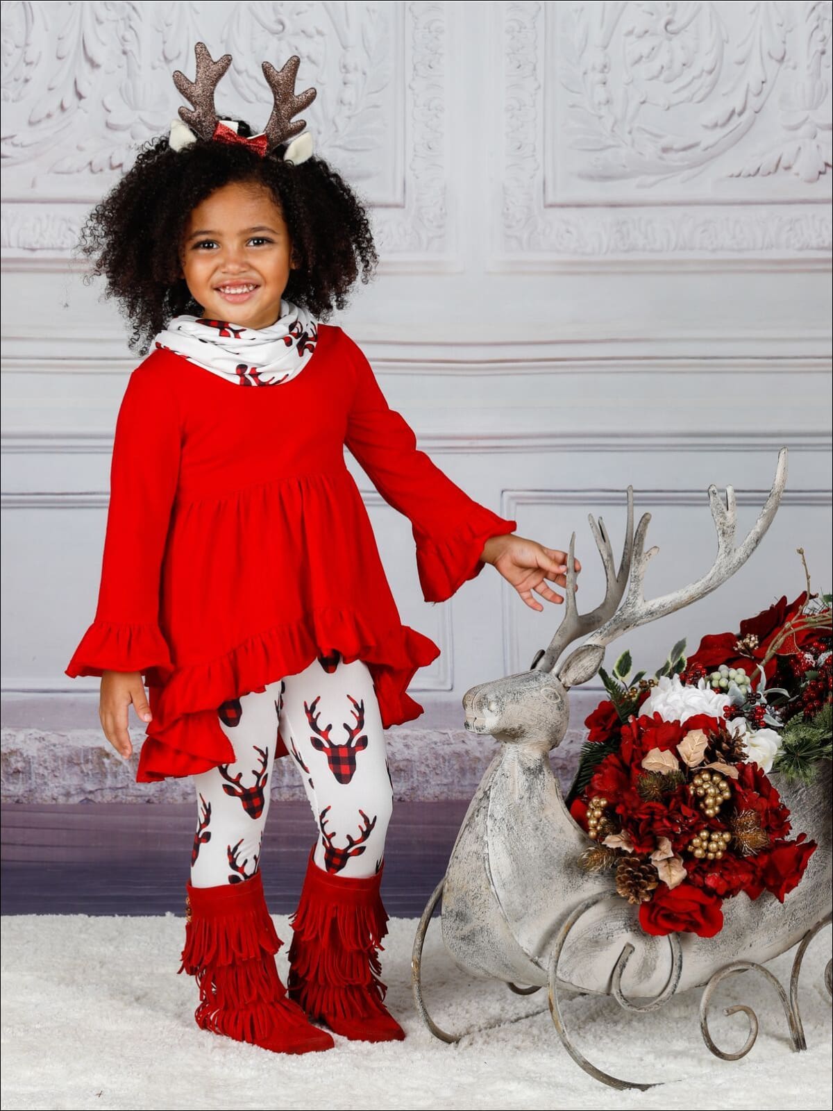 Girls Ruffled A-Line Long Sleeve Tunic Moose Print Leggings & Scarf Set - Girls Christmas Set