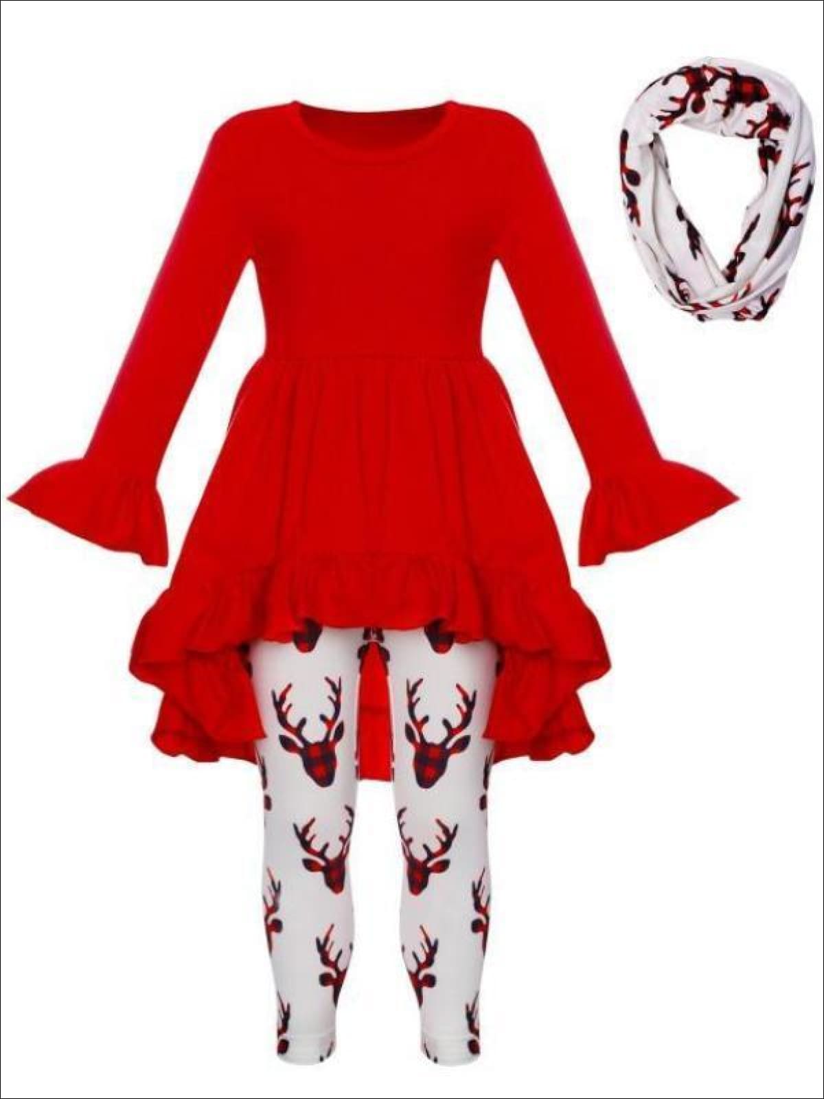 Girls Ruffled A-Line Long Sleeve Tunic Moose Print Leggings & Scarf Set - Red / S-3T - Girls Christmas Set