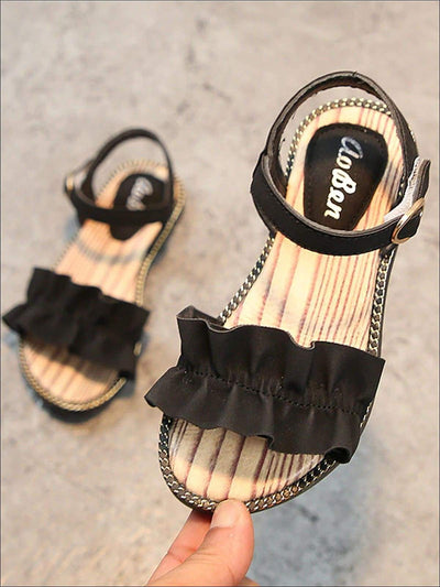 Girls Ruffled Applique Buckle Strap Spring Sandals - Black / 1 - Girls Sandals